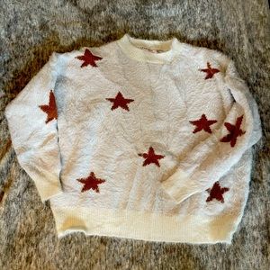 Pink Lily small fuzzy white sweater with tan stars